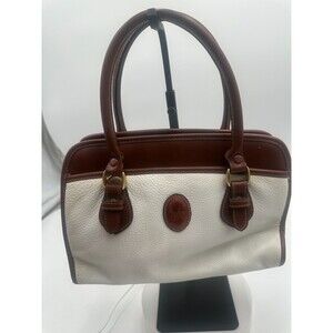 Vintage Carriage Two-Tone White & Brown Leather Satchel Top Handle Bag Purse